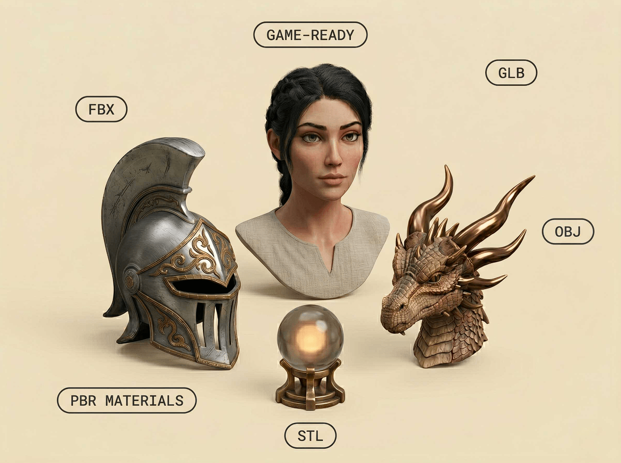 Alpha3D finished asset workflow showing game-ready models and FBX, GLB, OBJ, and STL export formats