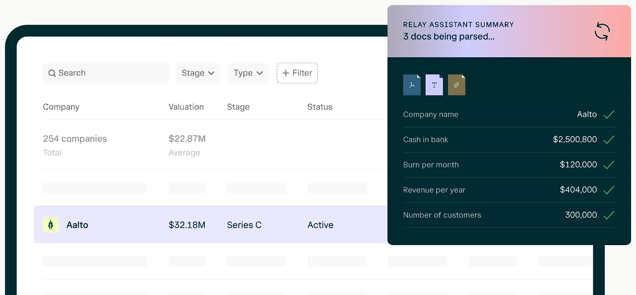 AngelList Relay portfolio workspace with AI-parsed company metrics