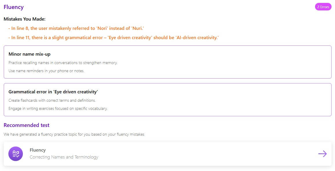 Vocalo fluency feedback with mistake notes and recommended fluency test