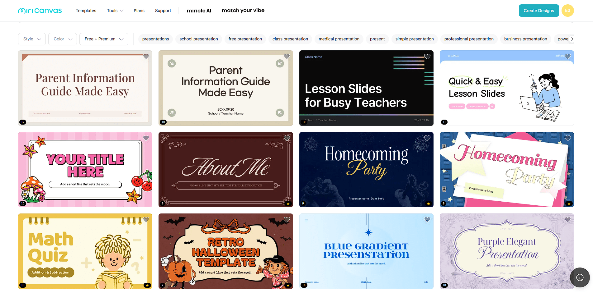 MiriCanvas presentation template gallery with education, guide, event, and general slide designs