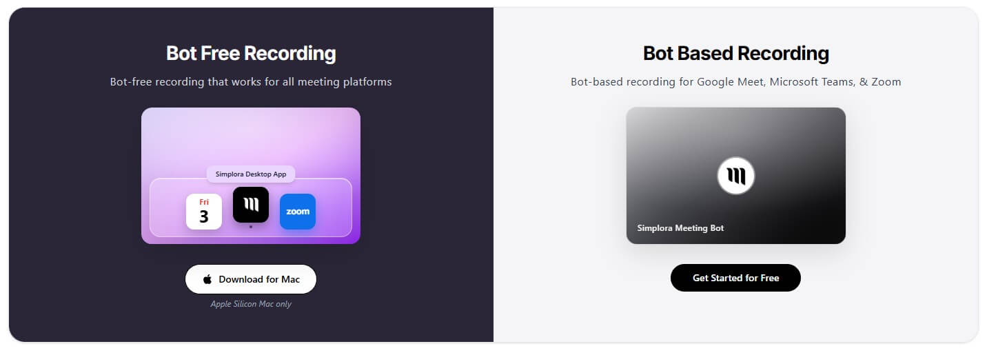 Simplora bot-free and bot-based recording