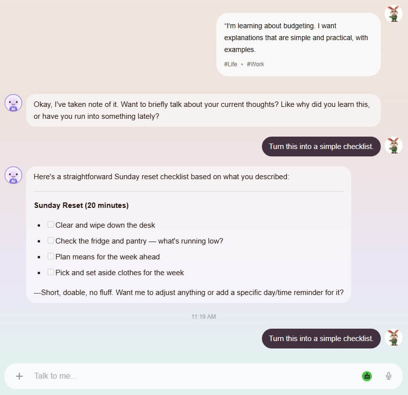 Me.bot AI chat with saved personal context
