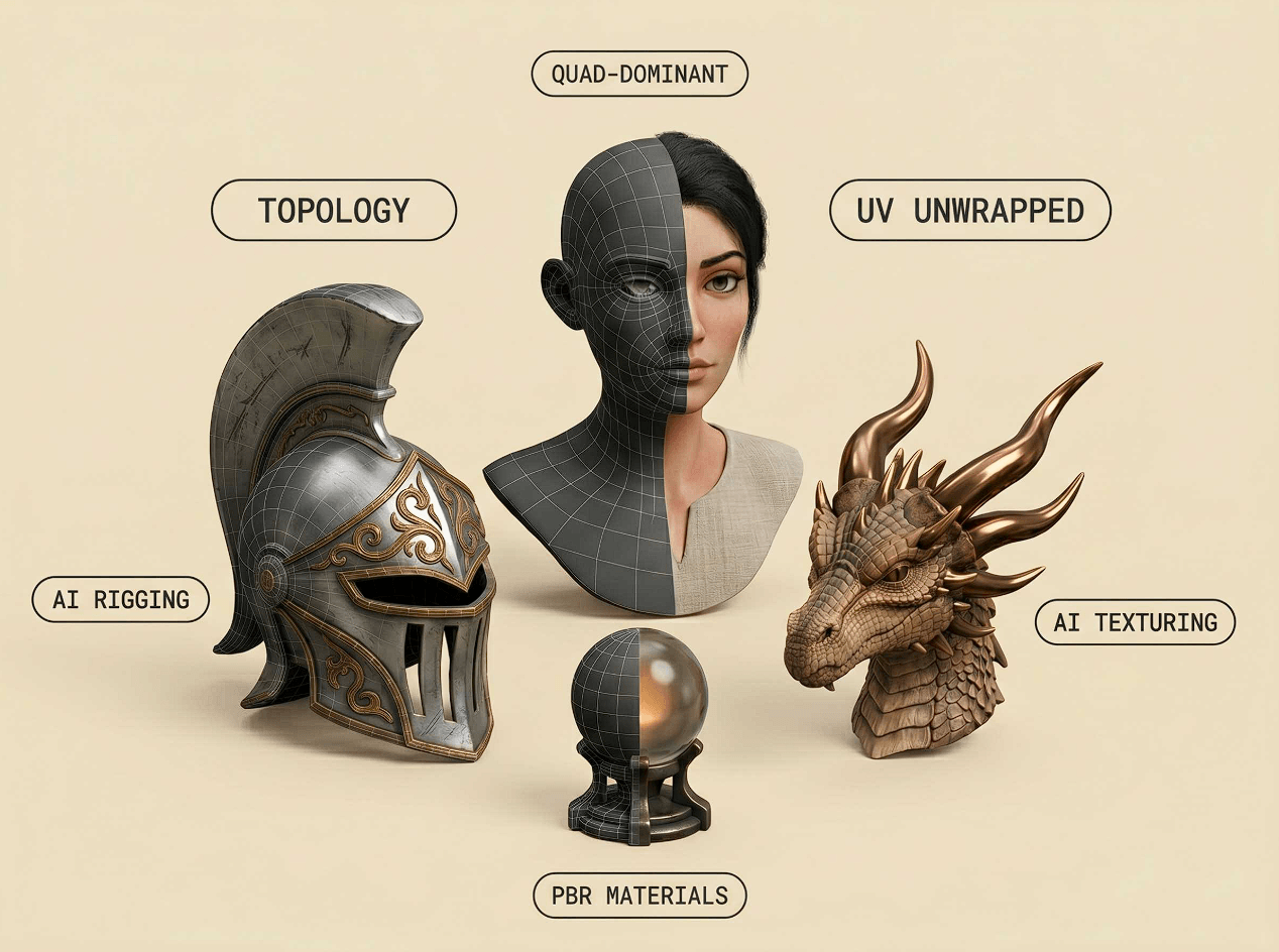 Alpha3D workflow illustrating topology, UV unwrapping, AI rigging, AI texturing, and PBR materials