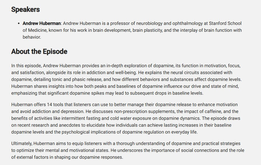 PodSnap.AI text summary with speaker details and episode overview