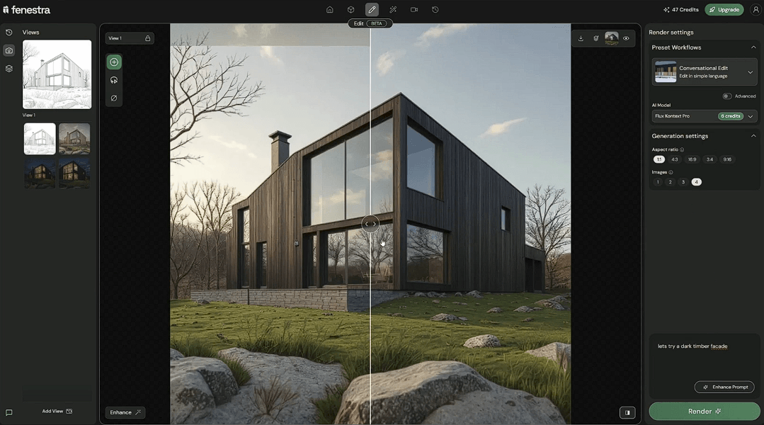 Fenestra Edit workspace comparing an architectural render while changing the facade treatment