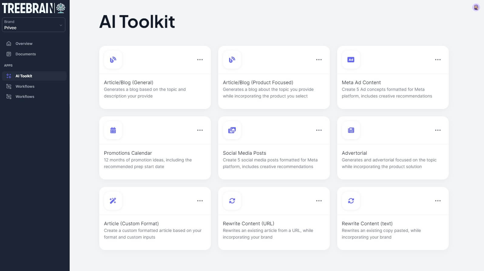 TreeBrain AI toolkit for ecommerce marketing content