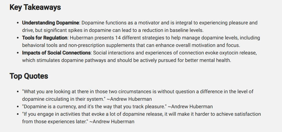 PodSnap.AI key takeaways and top quotes section