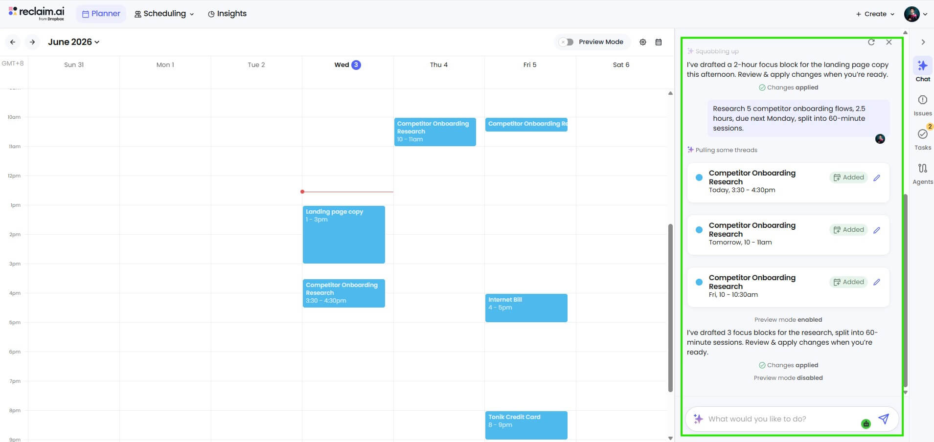 Reclaim AI chat with calendar