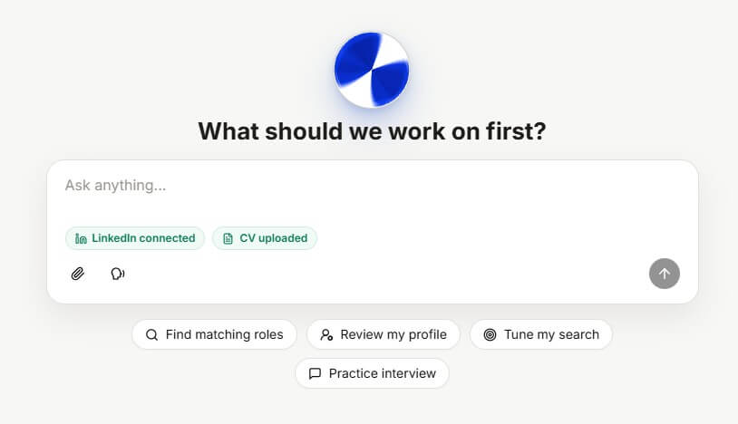 PREPIN workspace with LinkedIn connected CV uploaded and interview practice actions