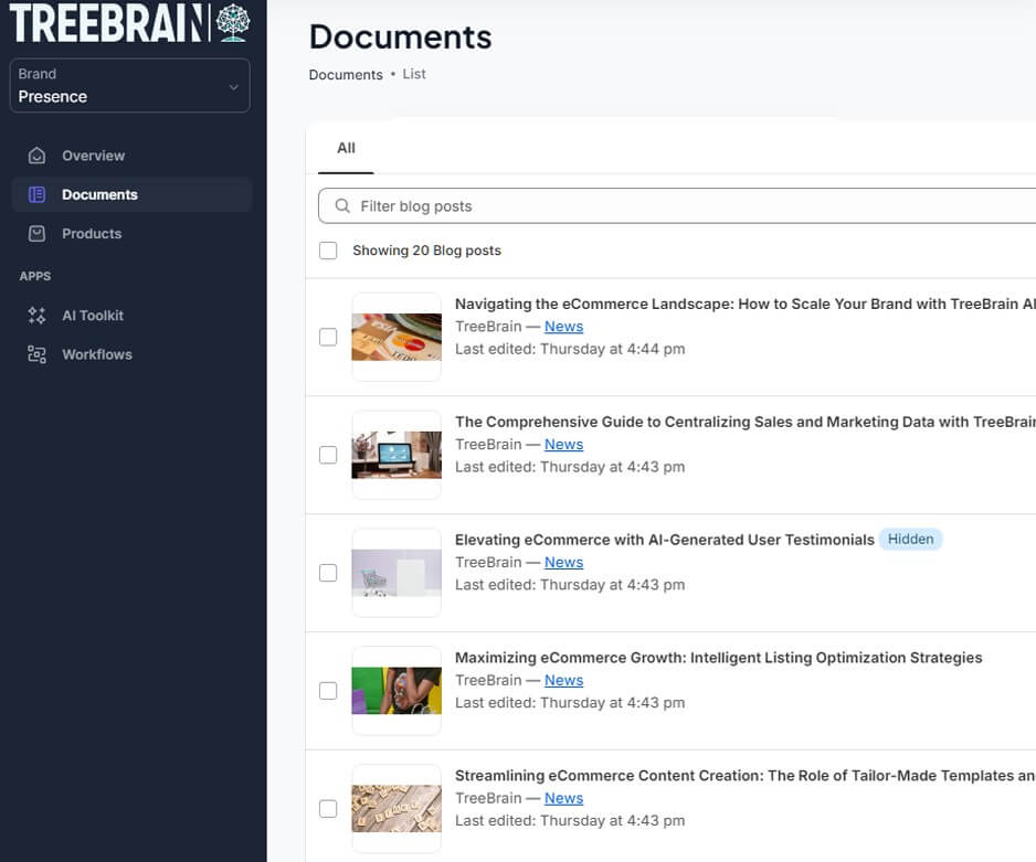 TreeBrain AI ecommerce content automation platform