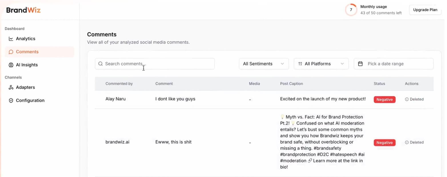 BrandWiz detect negative comments