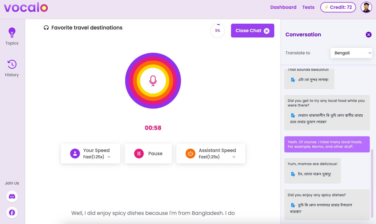 Vocalo live AI speaking practice workspace with translation panel