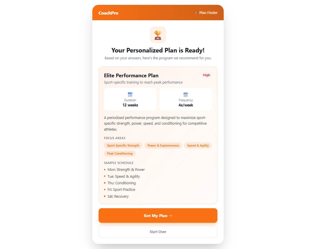 Embeddable.co fitness plan selector sample output E