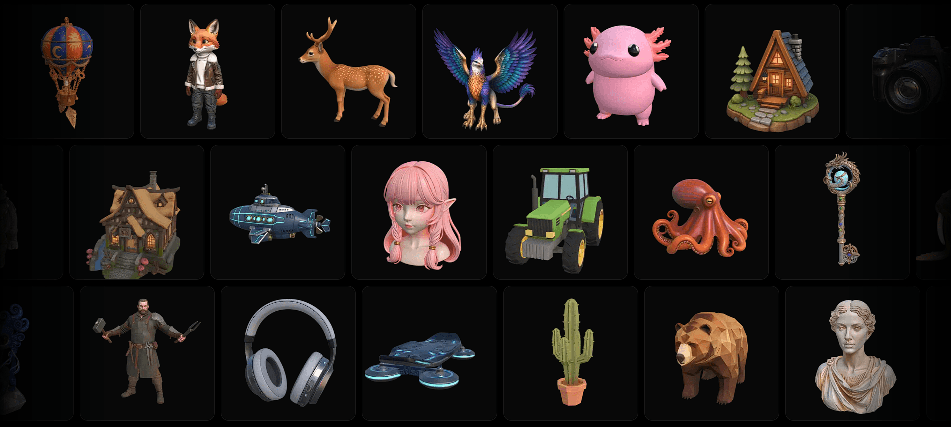 Spline AI sample 3D objects showing different generated styles and asset types