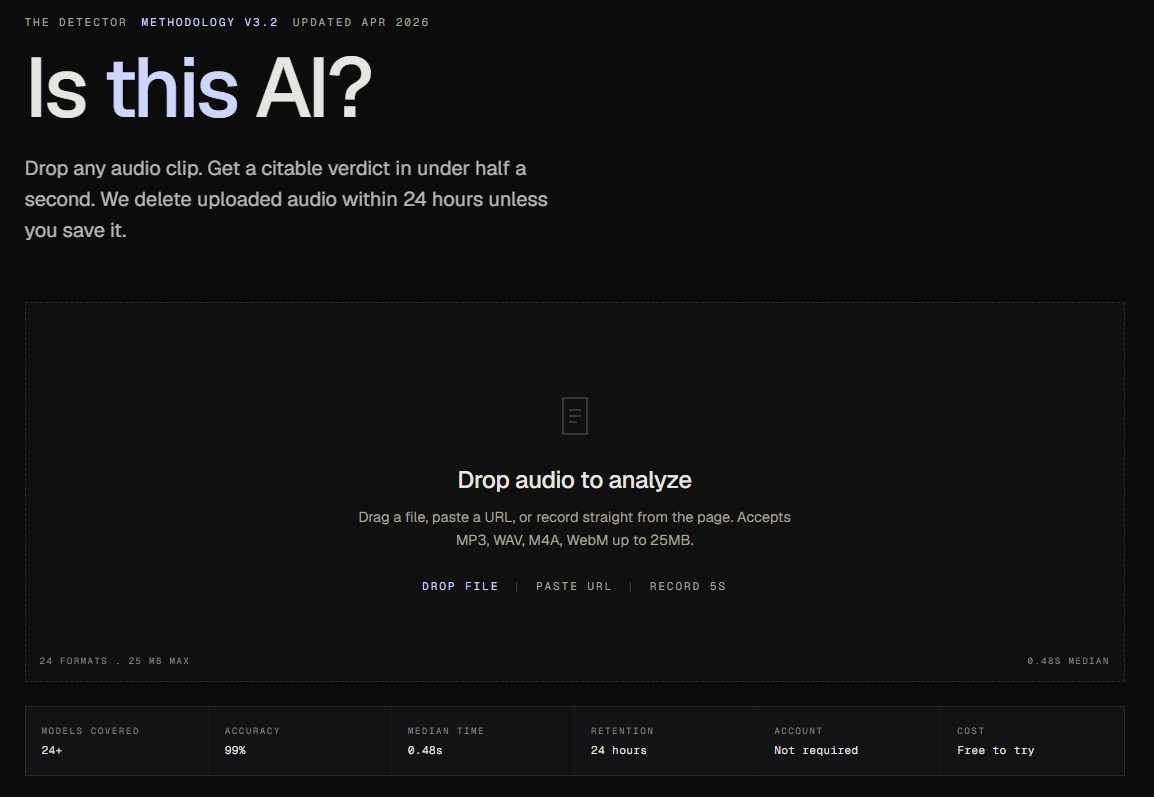 AI Voice Detector homepage and audio authenticity checker