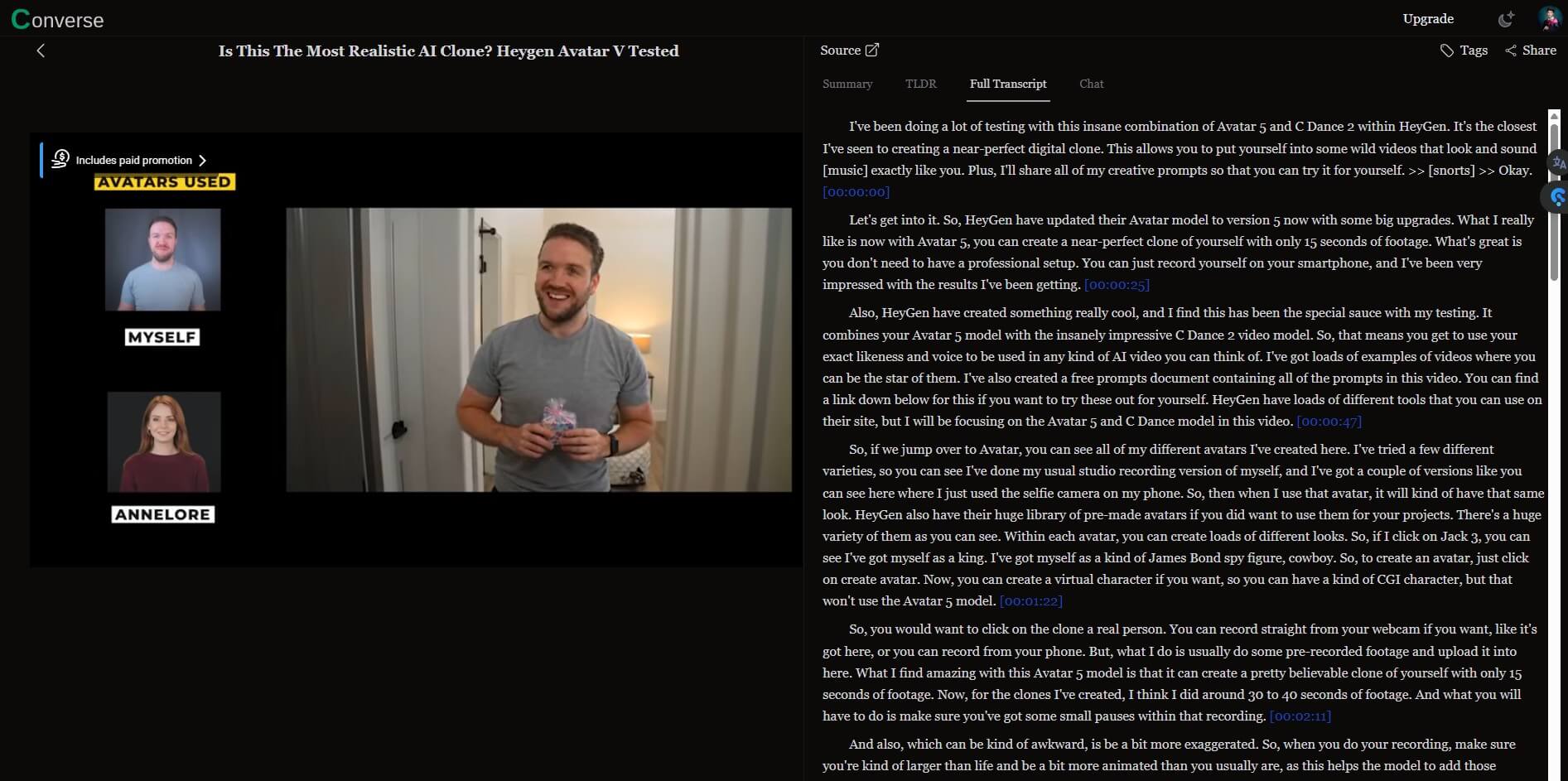 Converse Full Transcript for YouTube Videos