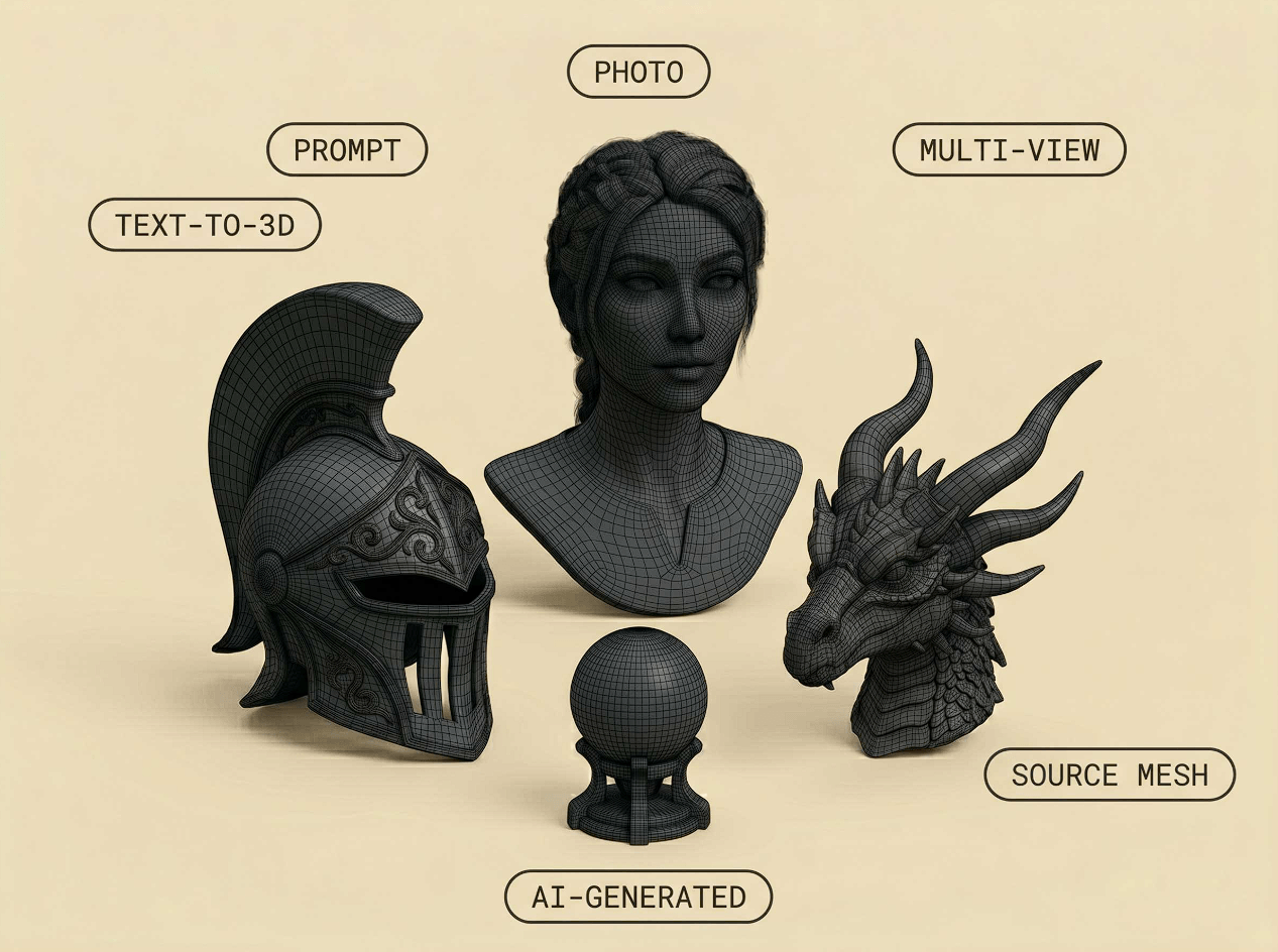 Alpha3D workflow showing text prompts, photos, multi-view references, and source meshes as starting points