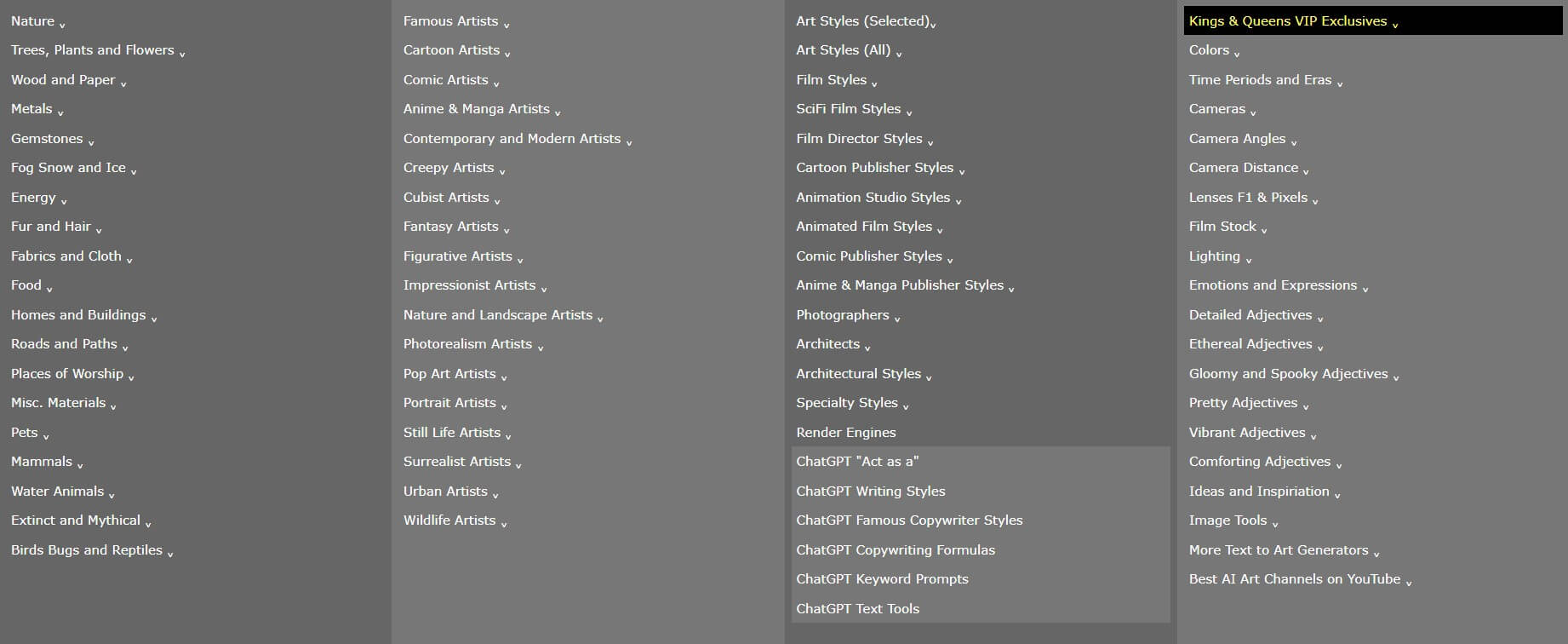 Prompt Silo categorized prompt keyword banks and AI art prompt sections