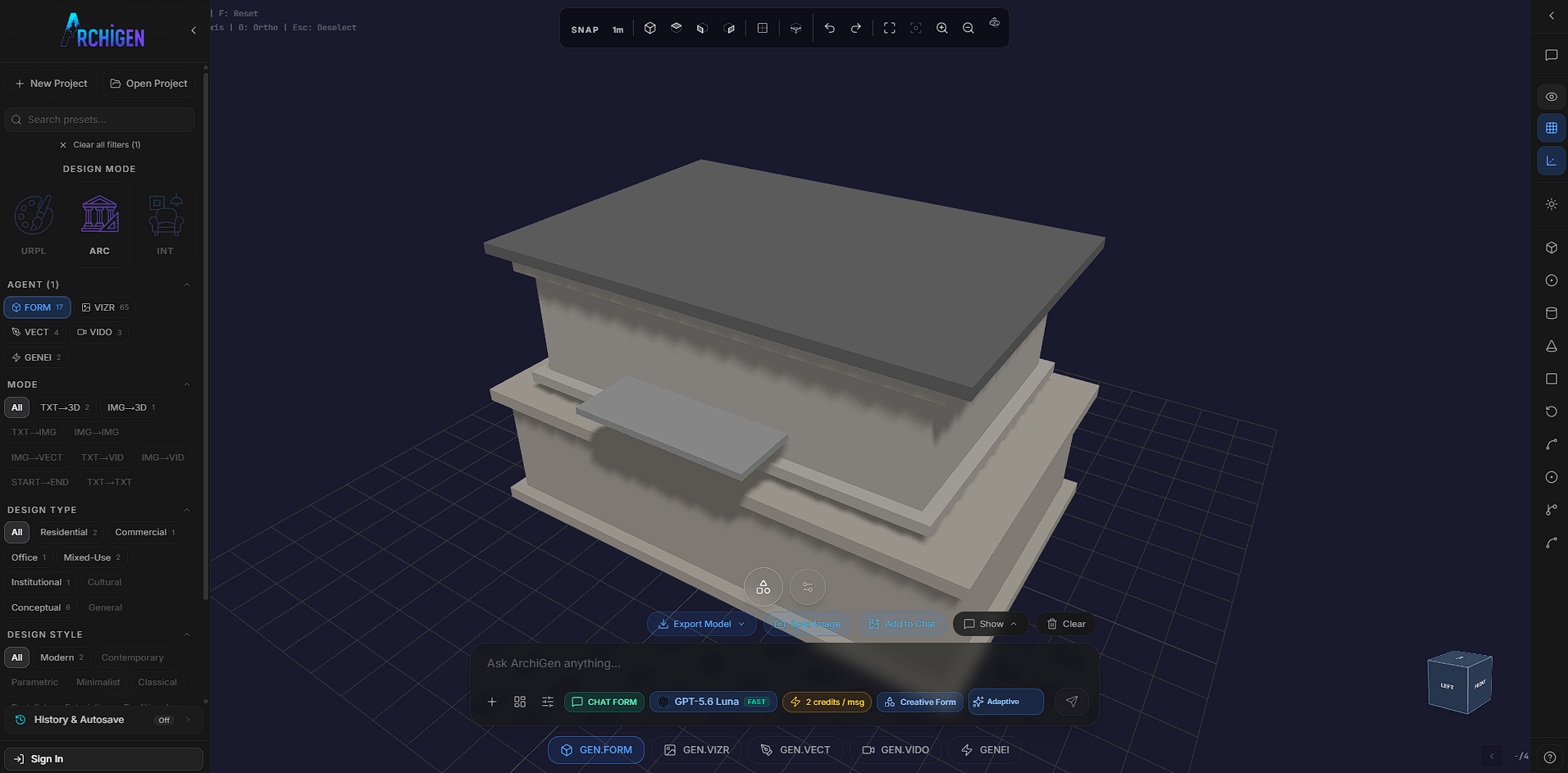 ArchiGen GEN.FORM interface showing an editable architectural massing model in a 3D workspace