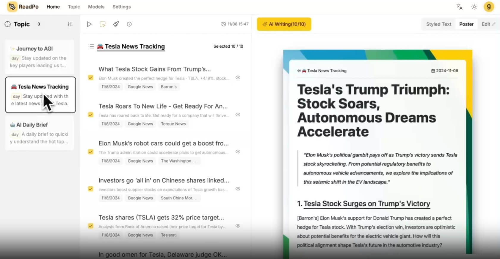 ReadPo Tesla news tracking workspace