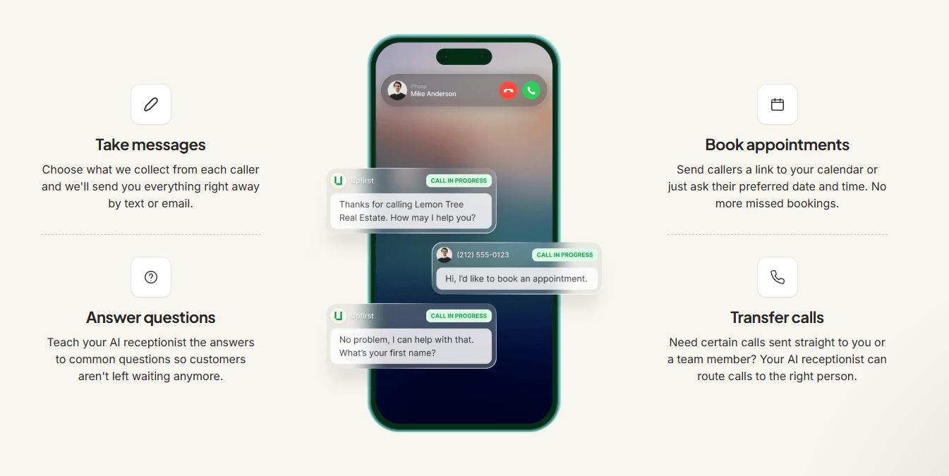 Upfirst AI receptionist interface showing call handling and business phone management